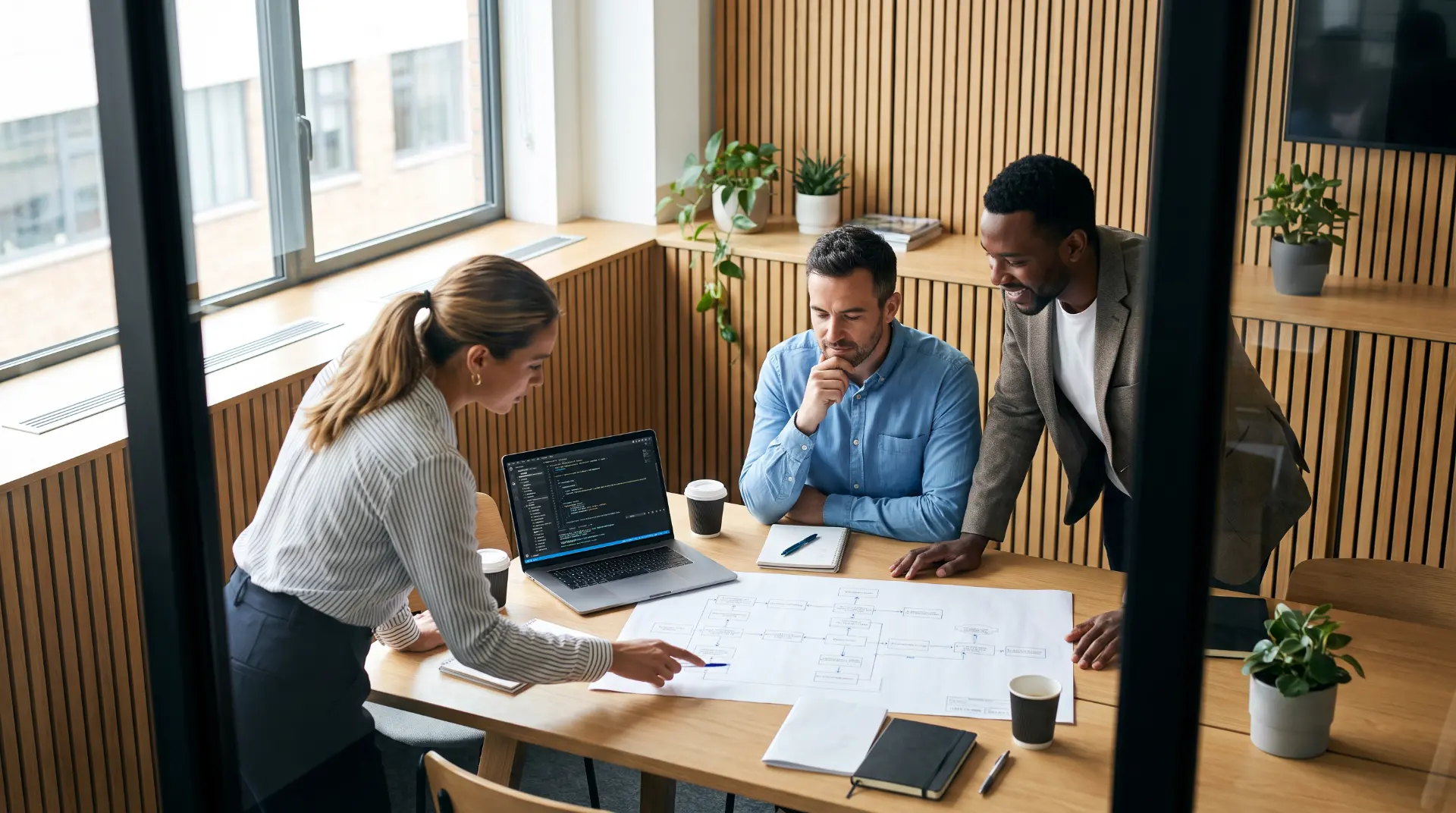 Project team reviewing an IT implementation plan in a modern office