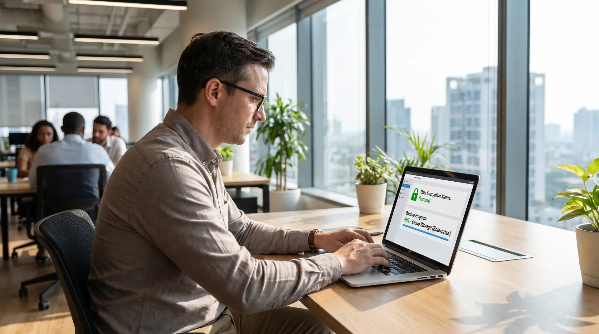 Professional reviewing encrypted cloud backup status in a modern office
