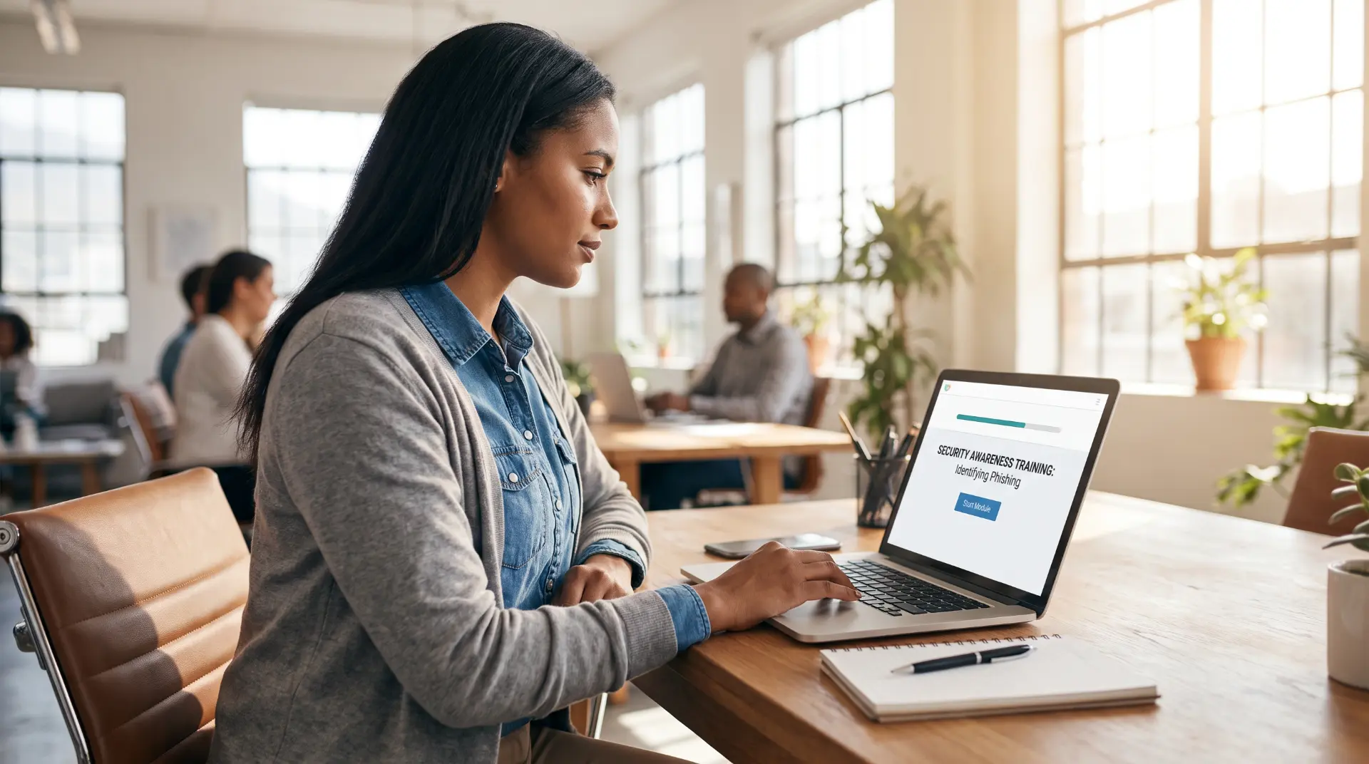 Employee completing phishing awareness training on a laptop