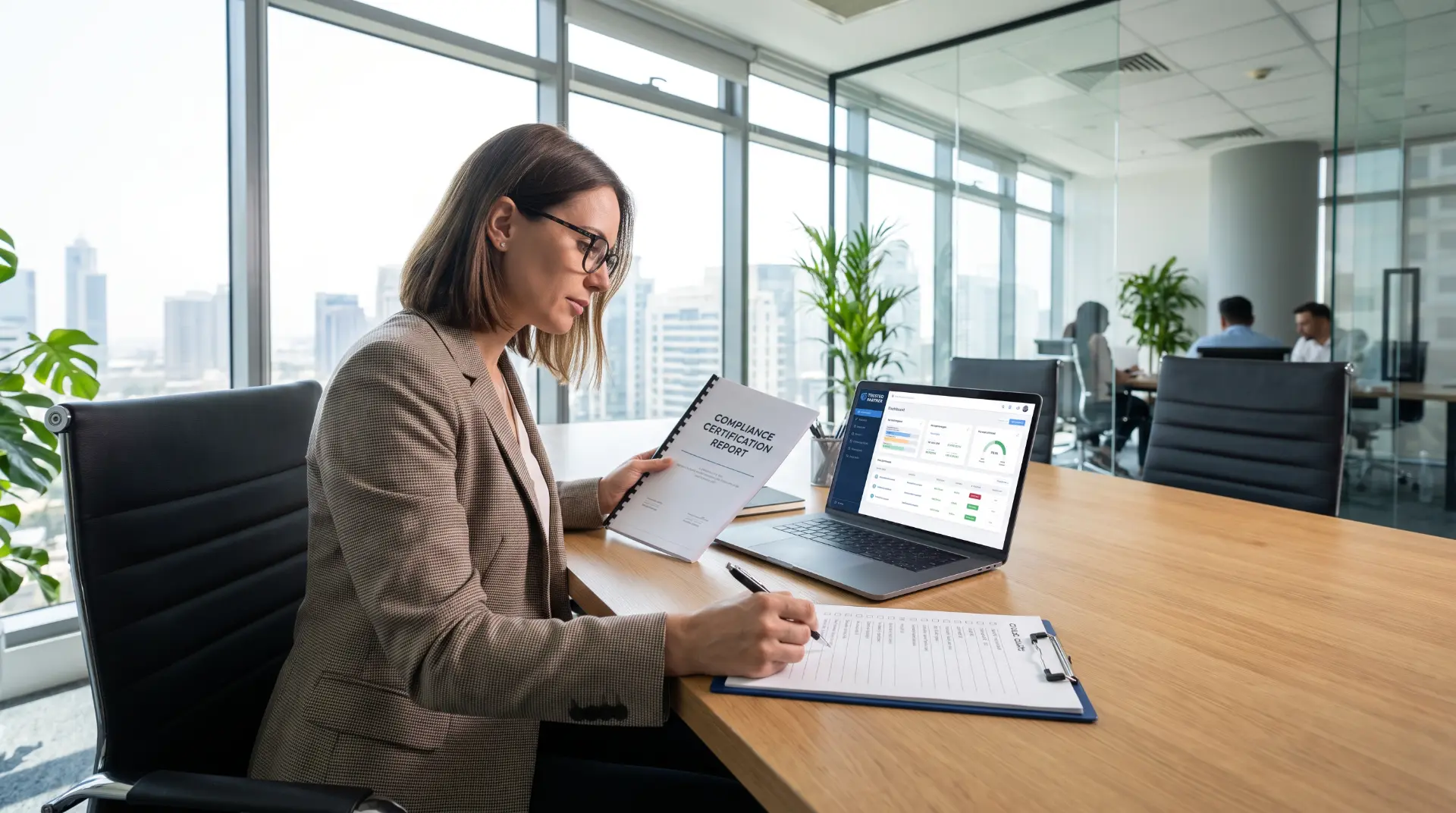 Compliance specialist reviewing a certification report and security dashboard