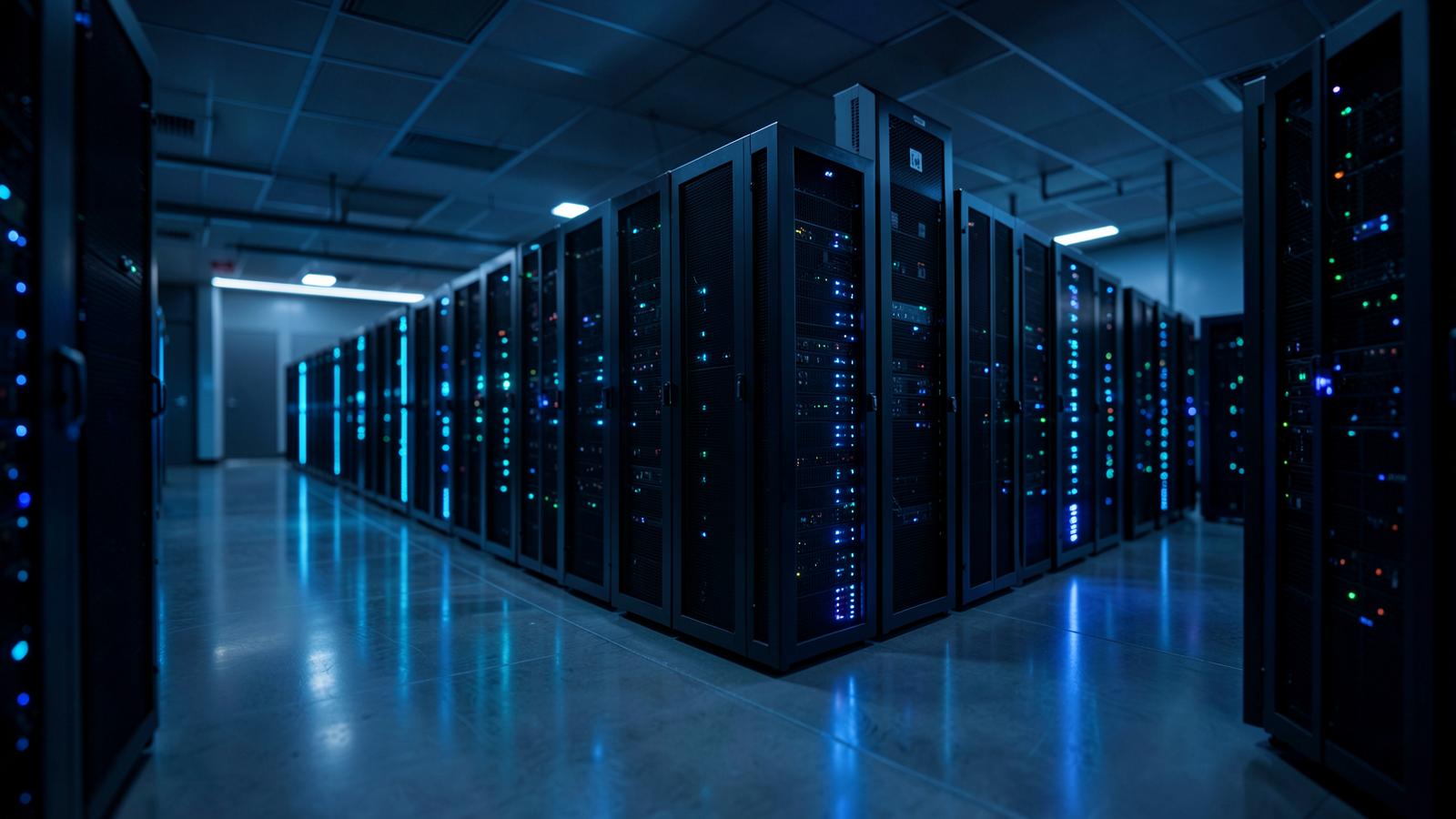 Rows of dedicated servers in a UK data centre hall