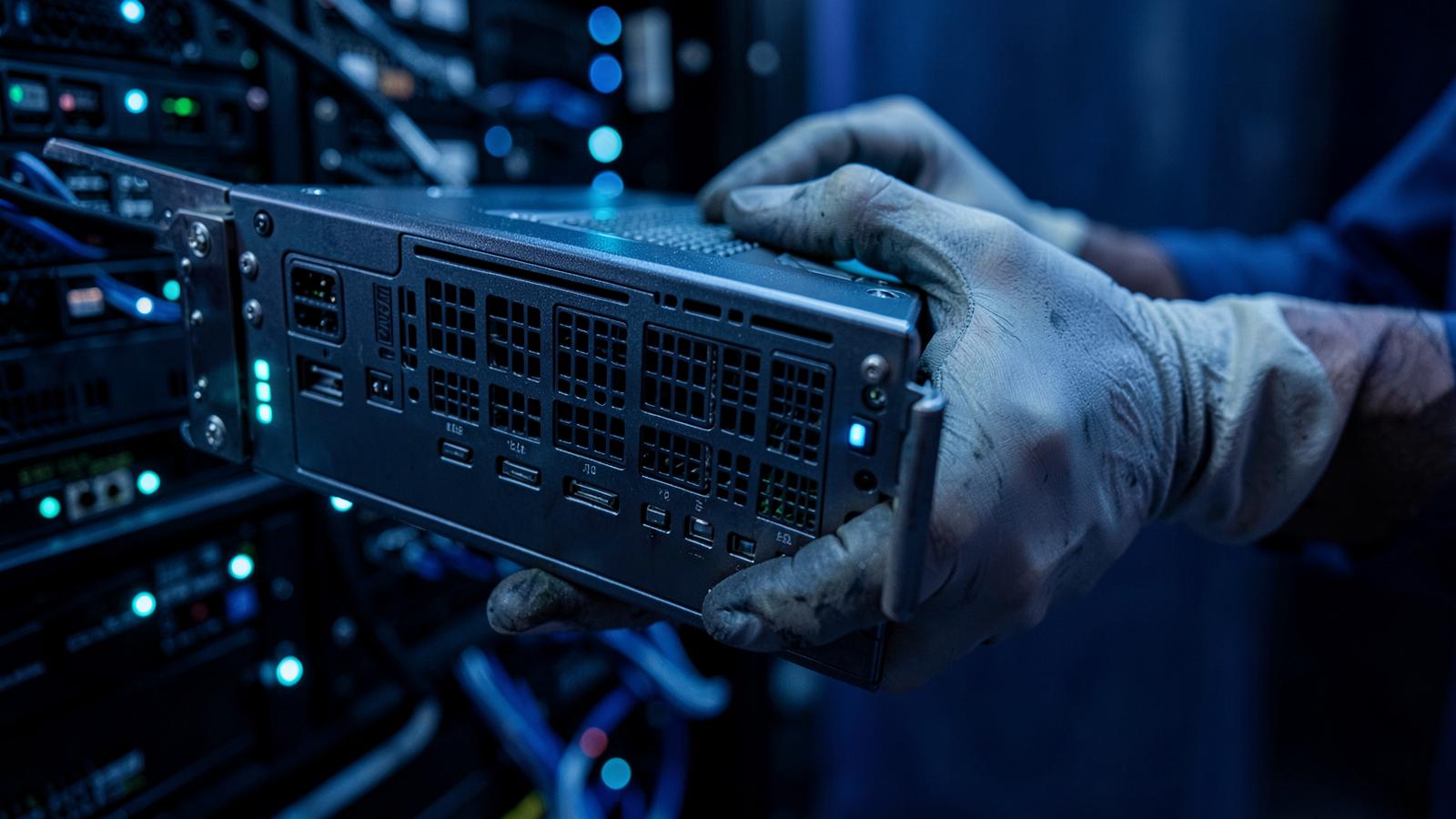 Engineer handling a server module in a UK hosting facility