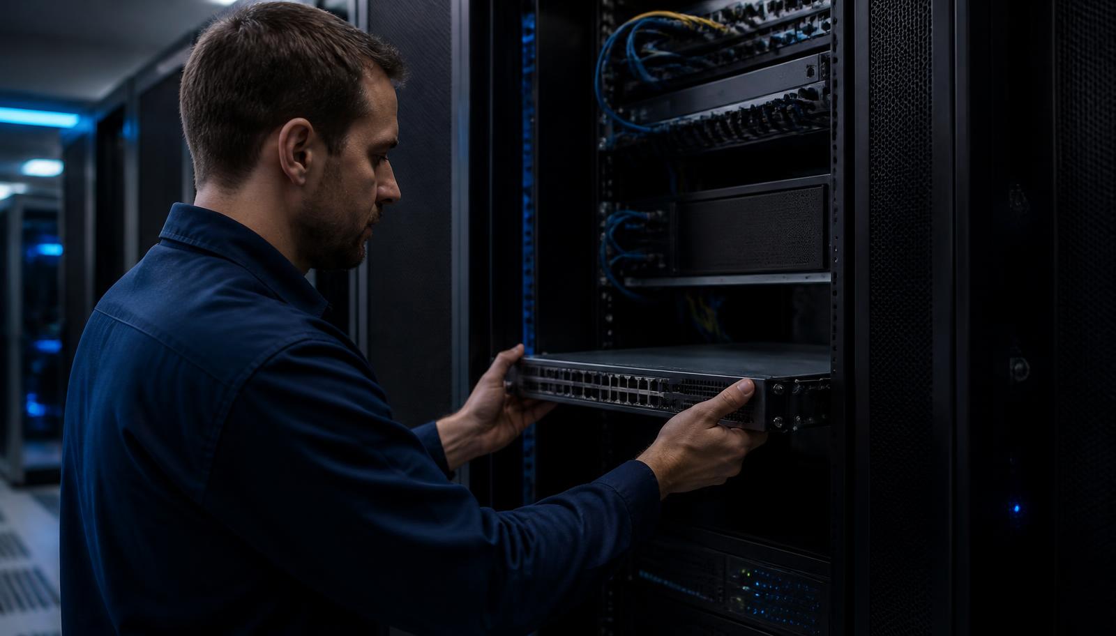 Network engineer installing a rack-mounted Netgate firewall appliance in a UK data centre