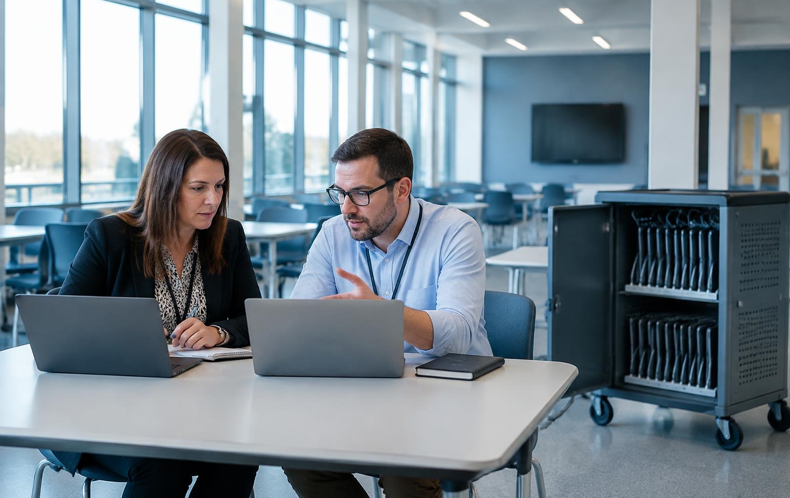 School business manager and IT lead reviewing a device replacement plan