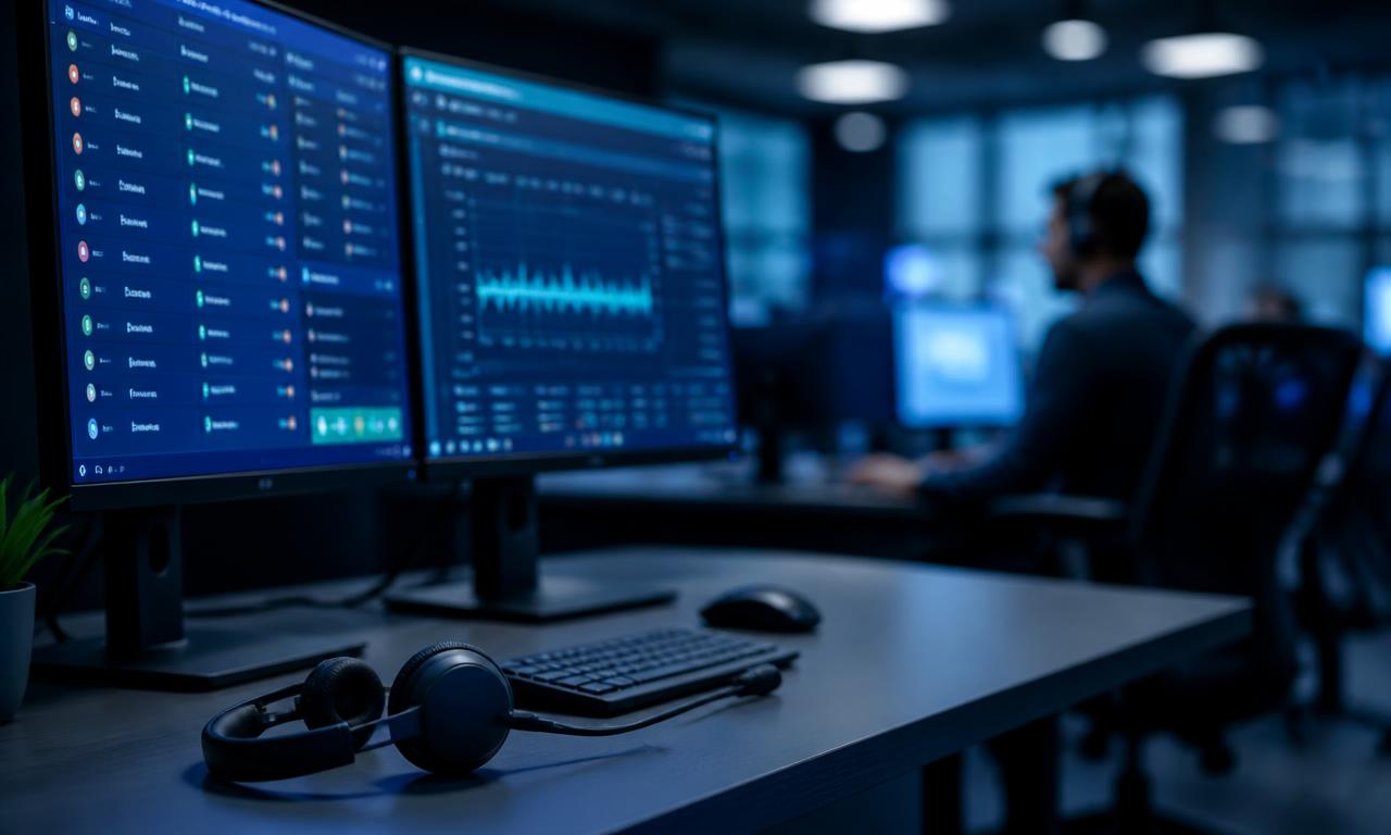 Contact centre desk with call queue and call waveform on screen, headset resting on the desk