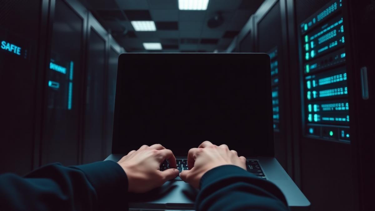 Engineer testing business network throughput from a comms room