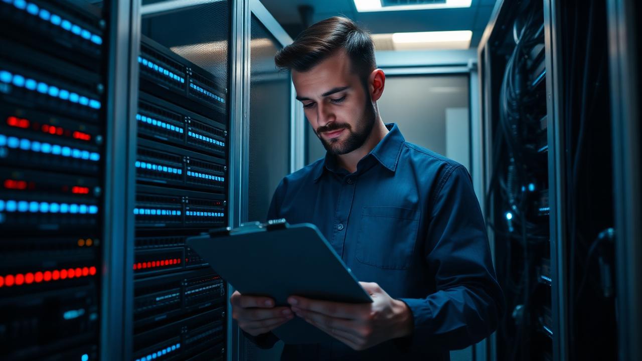 An IT manager auditing network hardware against a Cyber Essentials checklist