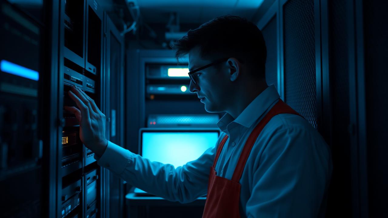 A school IT technician checking network equipment in a school comms room
