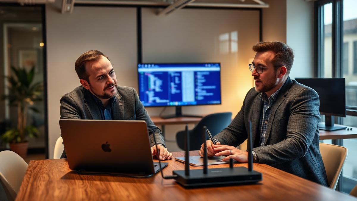 Business owners comparing broadband and leased line options with a router