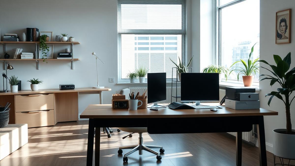 Empty office desk while staff keep working from anywhere on cloud services