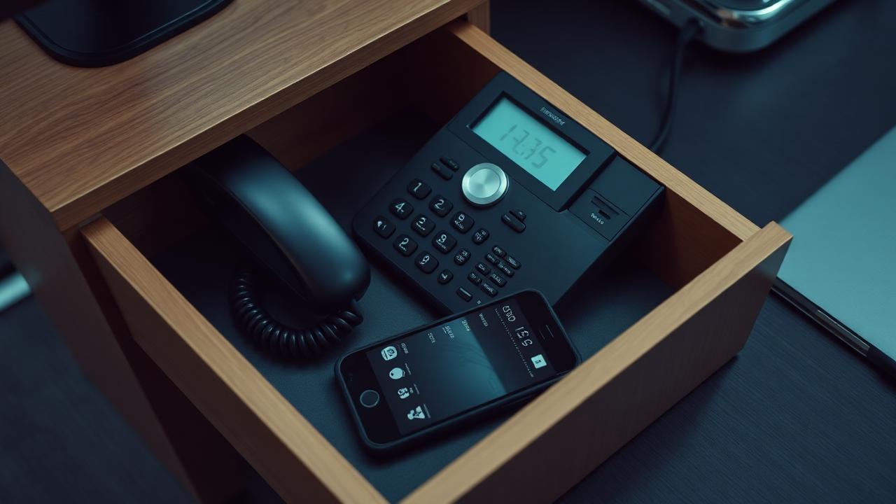 Unused desk phone beside a laptop and mobile softphone