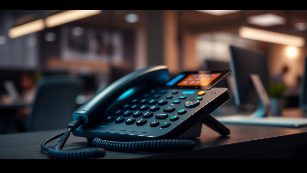 A VoIP desk phone connected by ethernet on an office desk