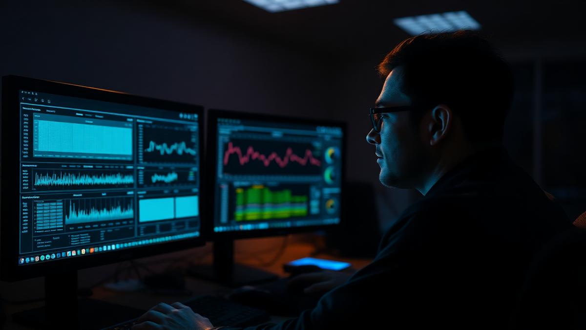 Analyst reviewing endpoint detection telemetry across dual monitors