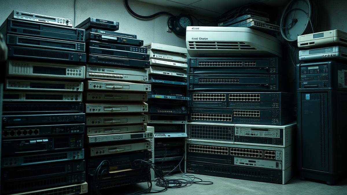 Stack of unsupported end-of-life network hardware awaiting replacement