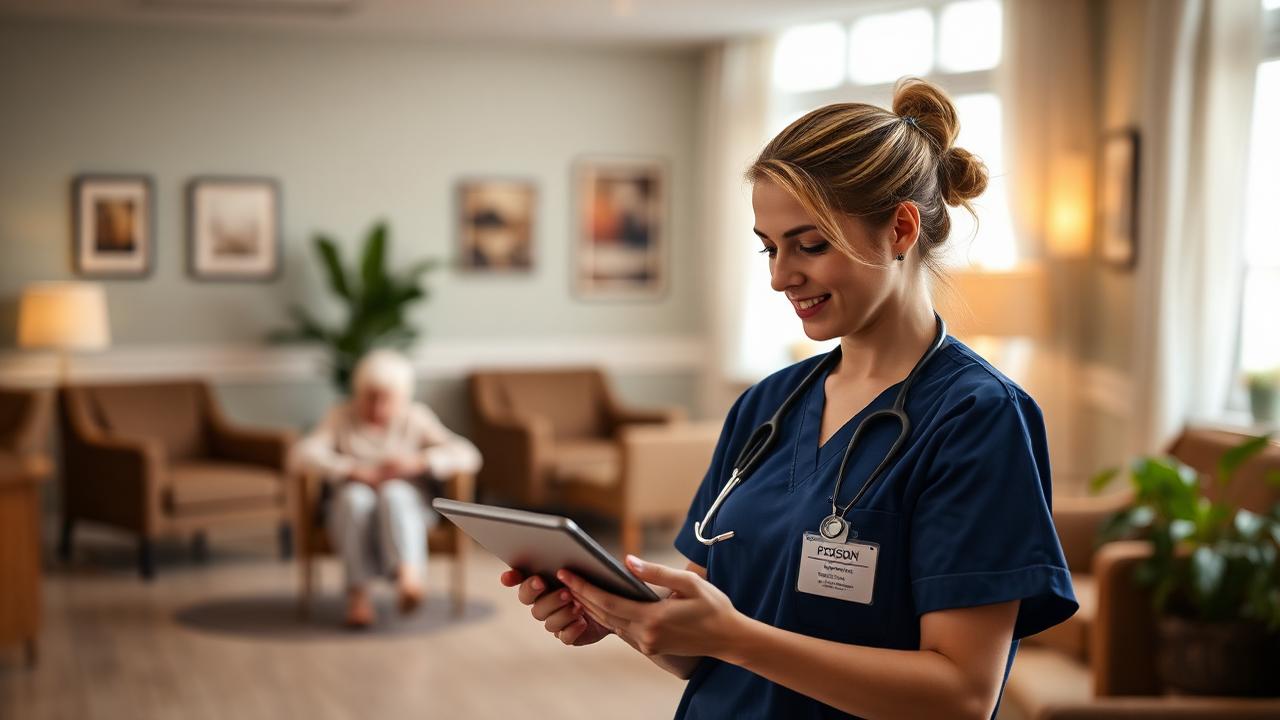 Care staff using secure technology in a health setting