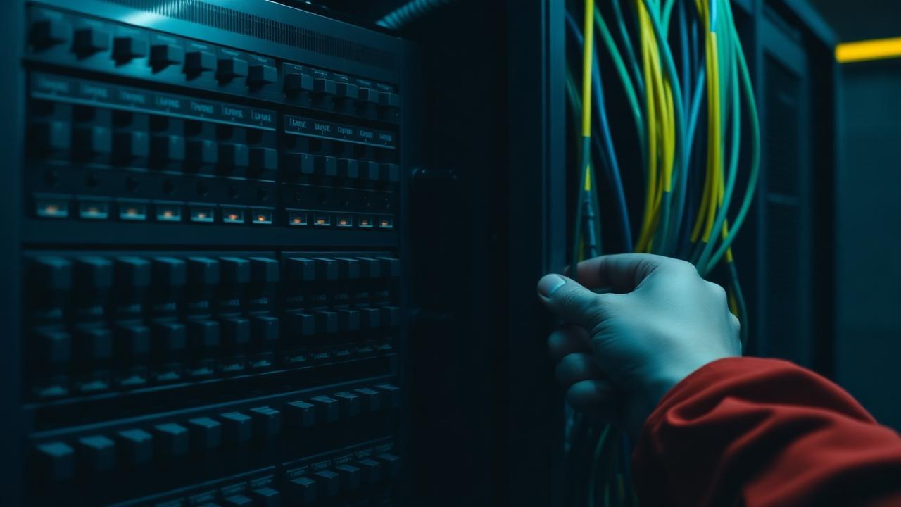 Legacy PBX switchboard hardware in a telecoms room