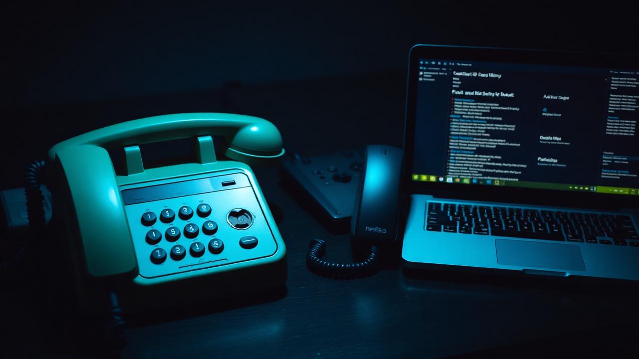 Vintage telephone equipment beside modern VoIP hardware