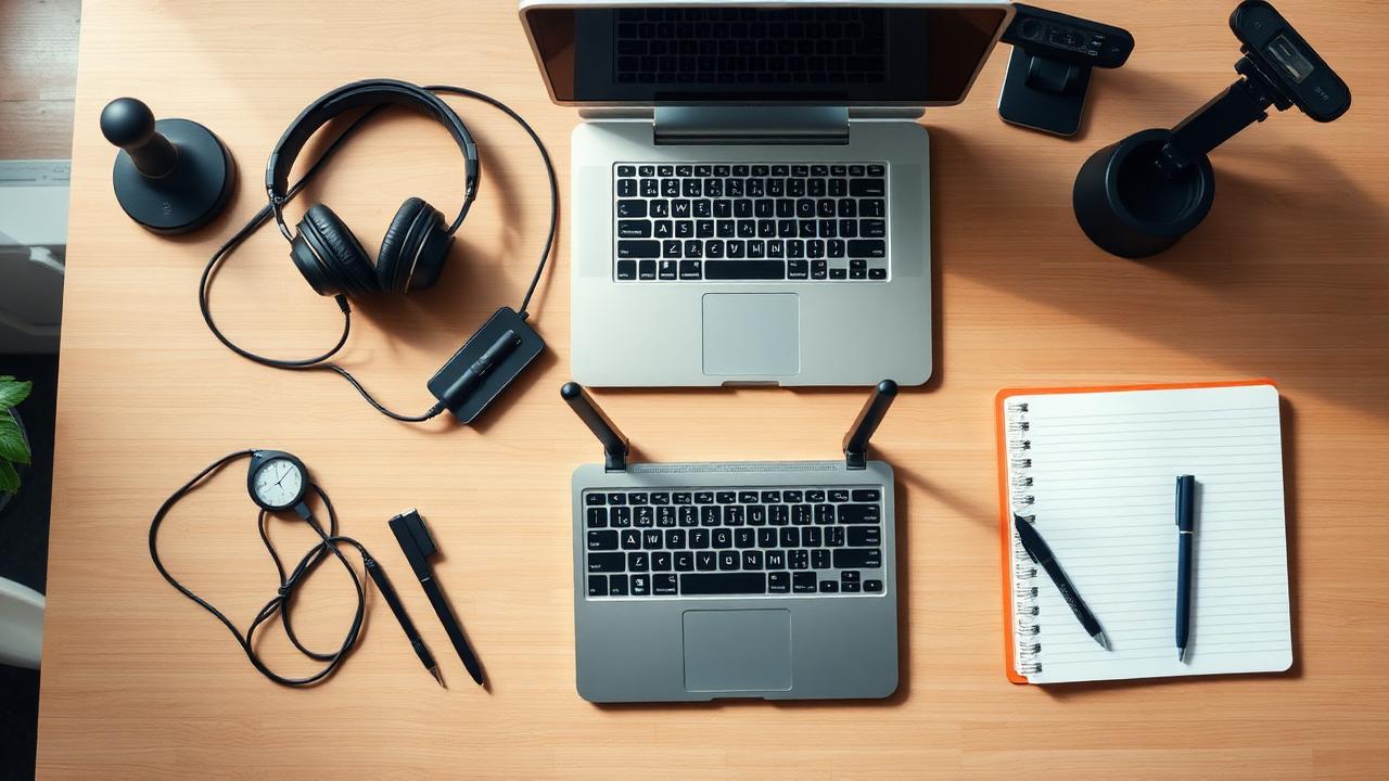 Homeworking kit of headset, webcam, laptop and router