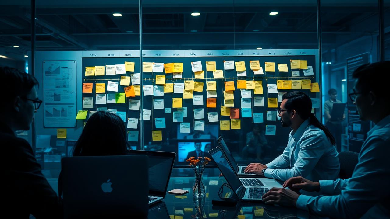 An IT team planning a security improvement roadmap on a glass wall