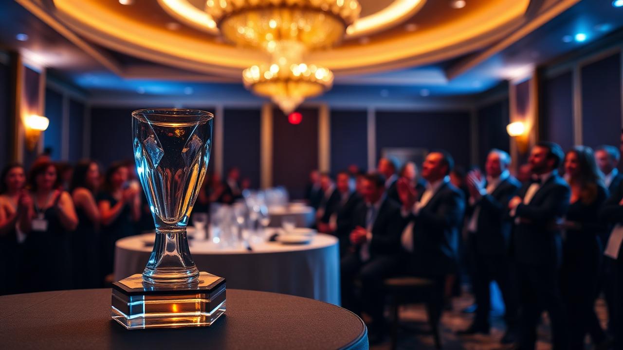 Industry awards ceremony with a glass trophy on display