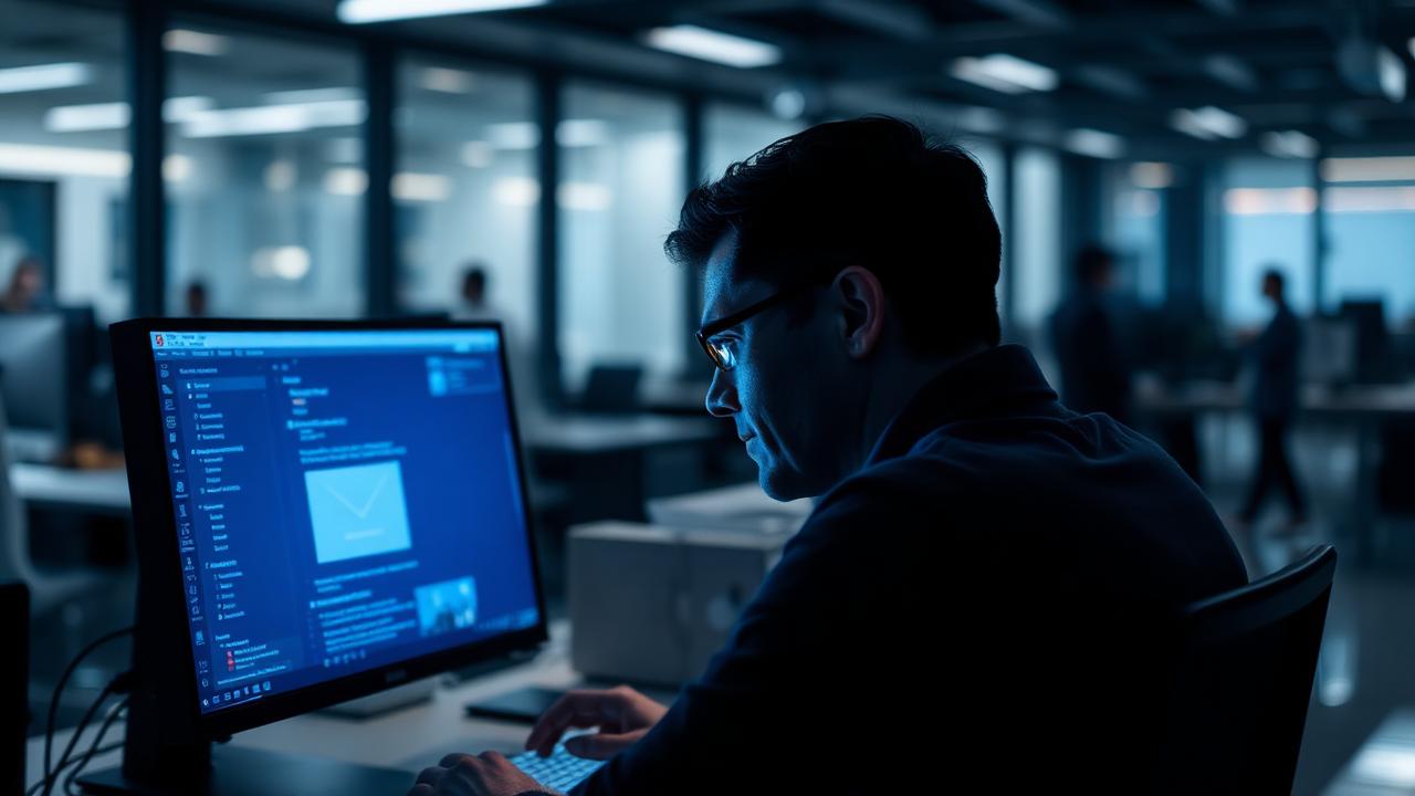 An office worker reviewing email security settings on a desktop screen