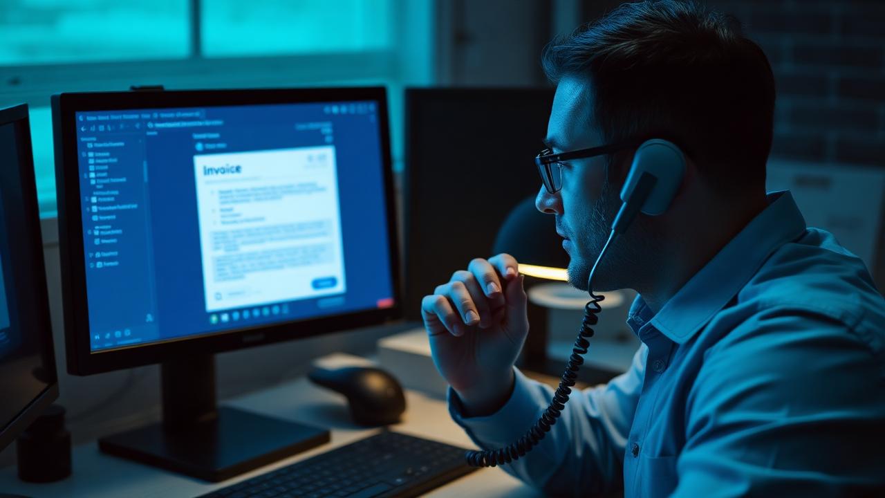 A finance worker verifying a suspicious invoice email by phone