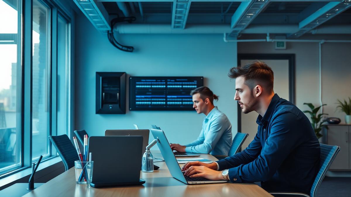 Small UK business team working on a well-connected office network