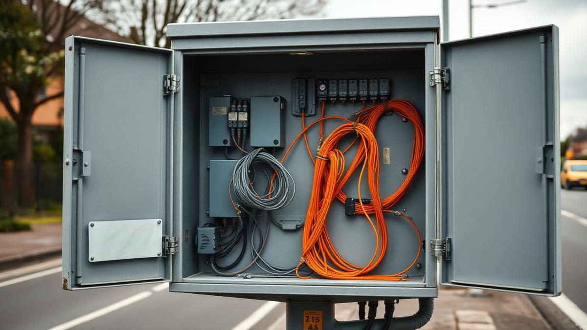 Open UK street cabinet showing fibre and copper broadband cabling