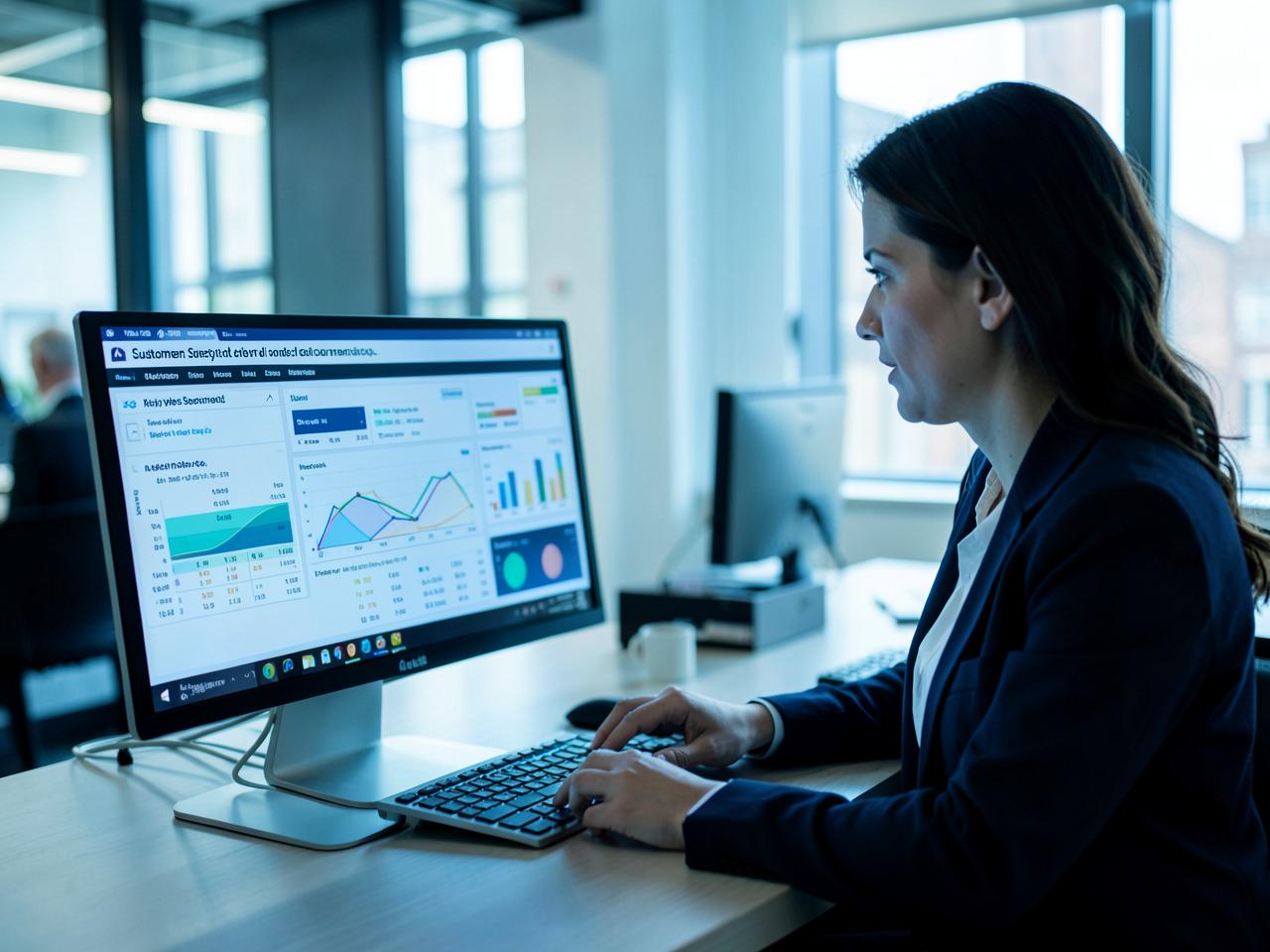 Team lead reviewing customer sentiment and call analytics charts on a desktop screen