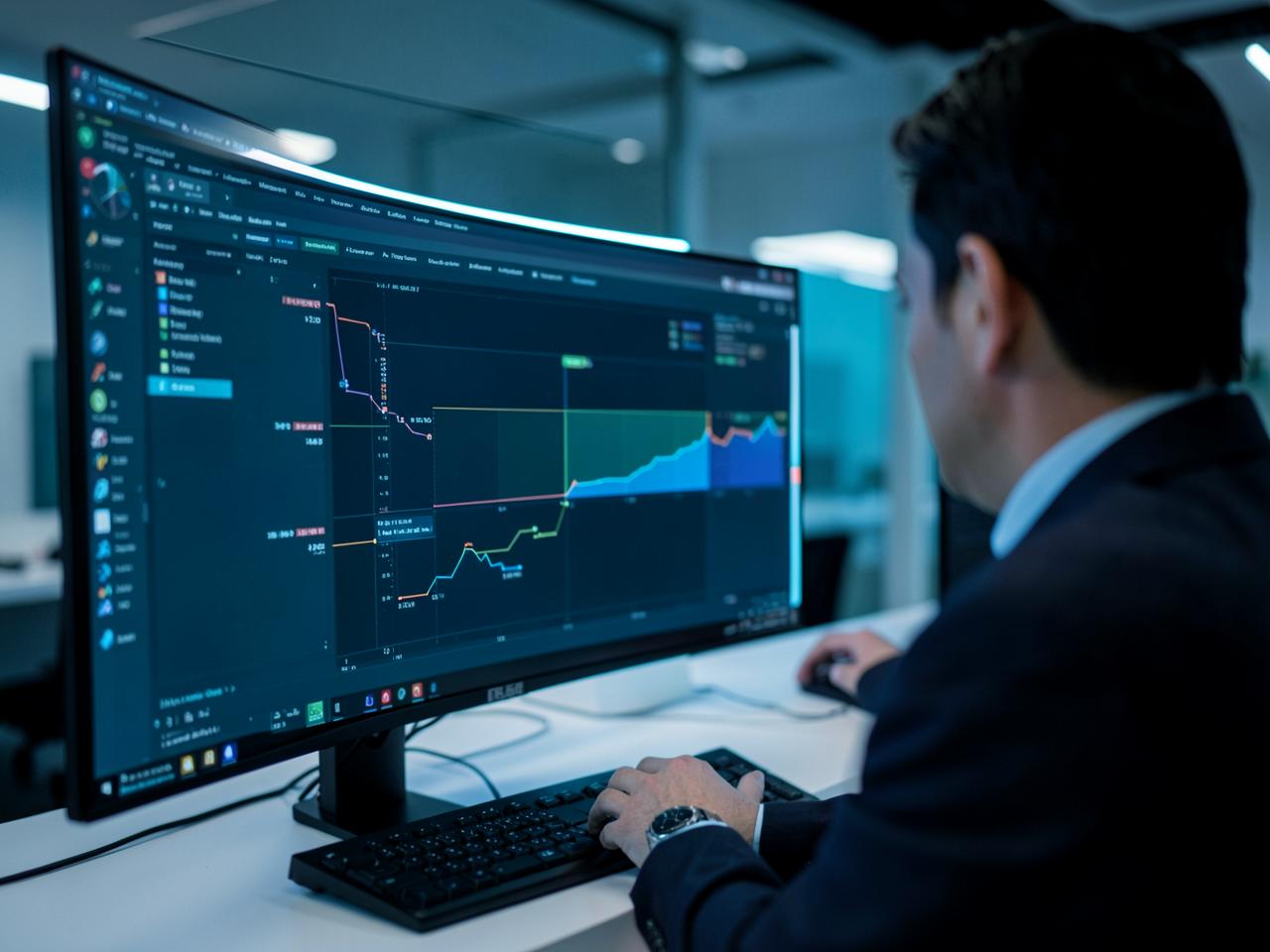 Professional configuring an automation workflow on an ultrawide monitor