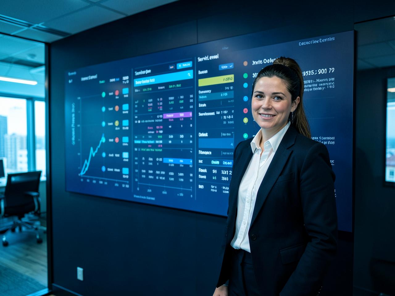 Contact centre supervisor in front of a wallboard showing queue volumes and service levels