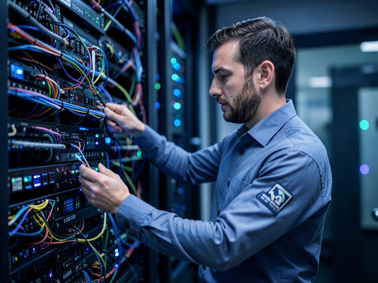 Telecoms engineer patching voice and fibre cabling in a tidy comms room rack