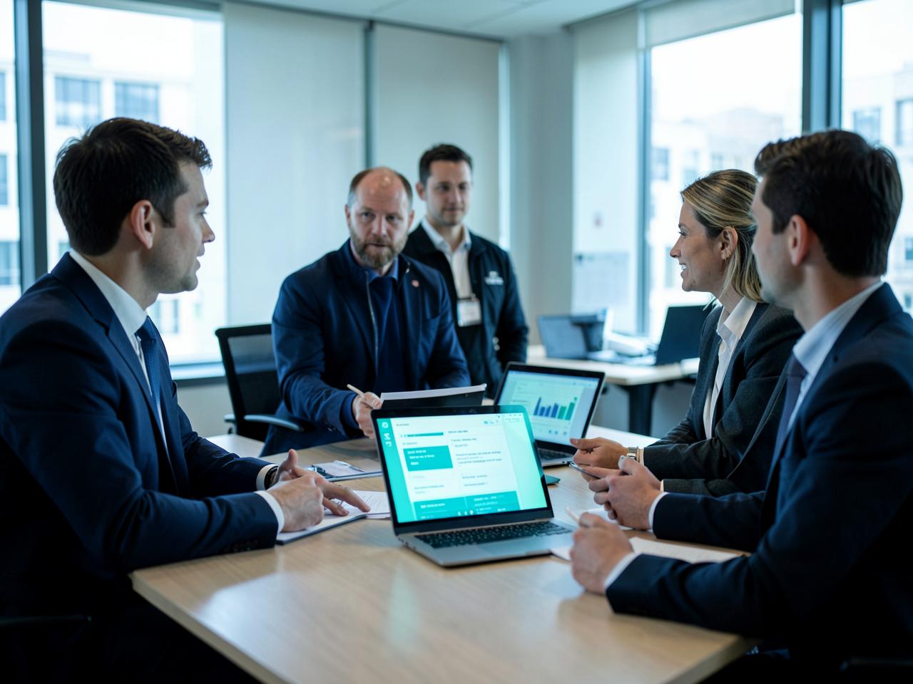 Security consultant presenting a risk posture report to business managers around a meeting table
