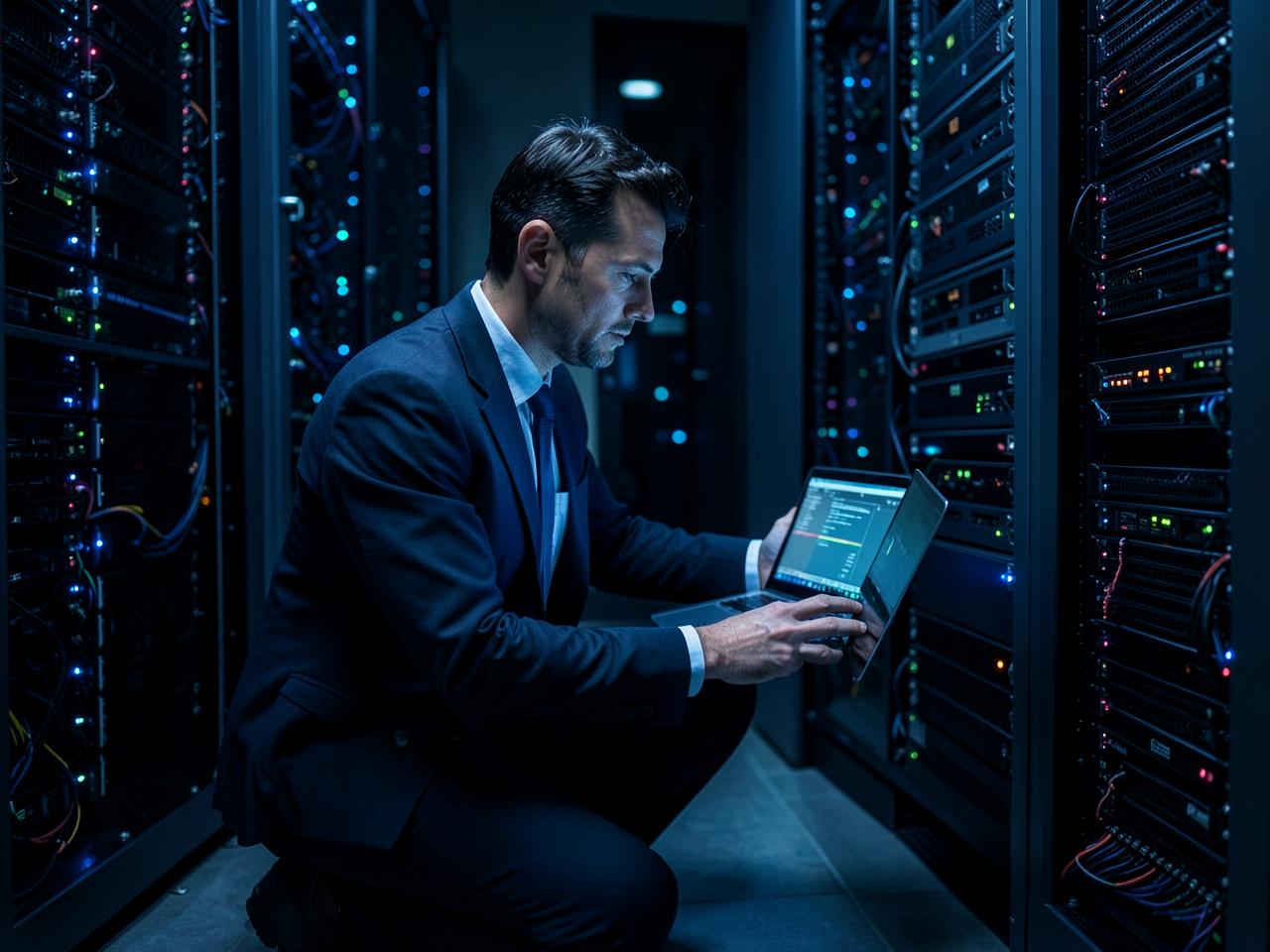 Engineer checking firewall configuration on a laptop beside a server rack
