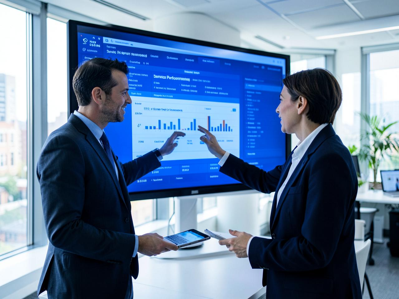 IT manager and business owner reviewing a service performance report on a large office display