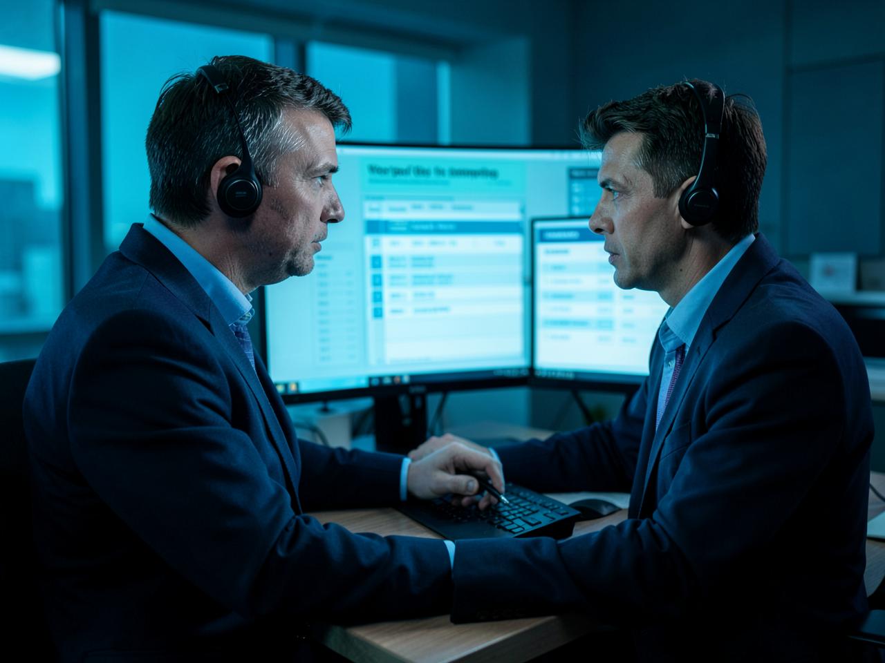 Service desk technician on a headset working through a support ticket queue in a UK office