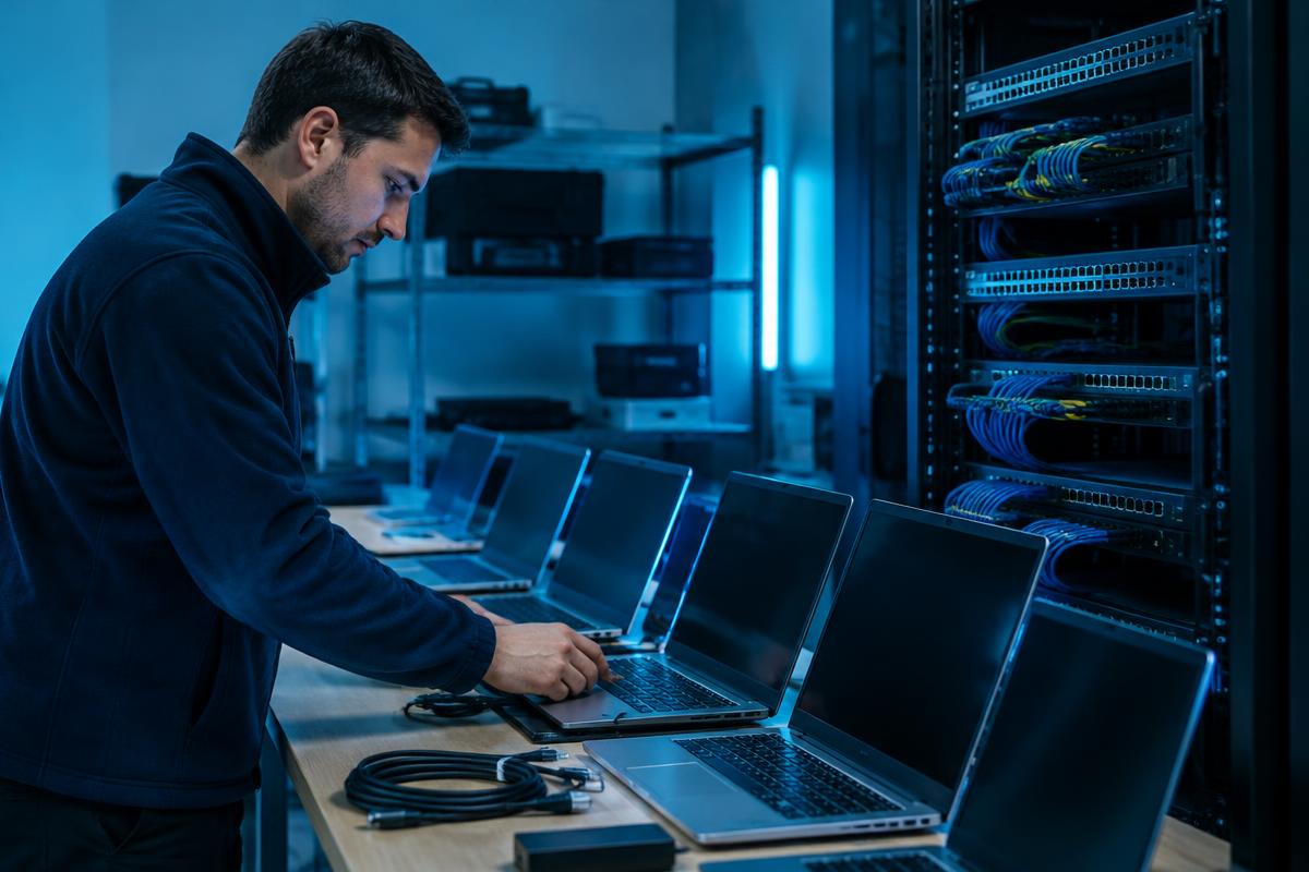 Engineer preparing business devices for deployment